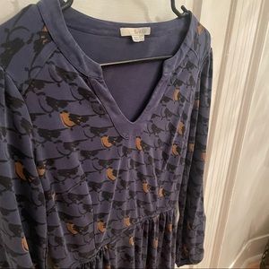 Boden Alicia Bird Print Dress - Long Sleeve - Blue/Black/Gold - Size 4